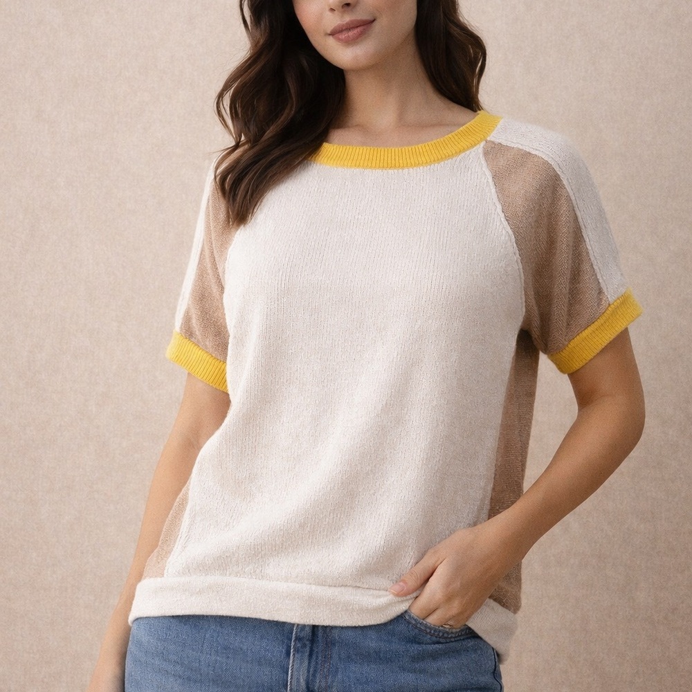 Rebel Flower Colorblock Knit Top Size L Cream Tan Yellow Trim Short Sleeve